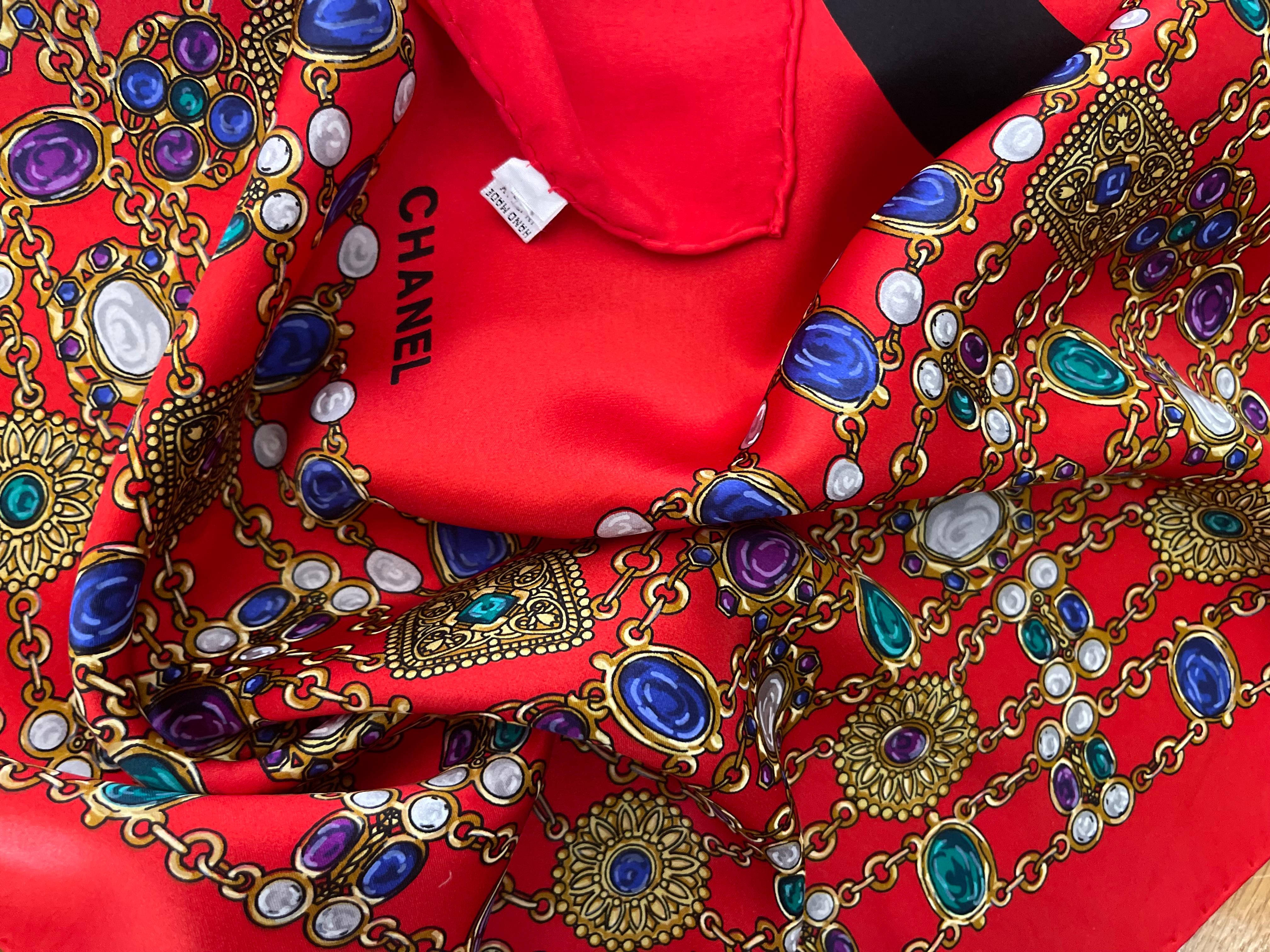 Chanel Silk Scarf Red Gripoix For Sale 6