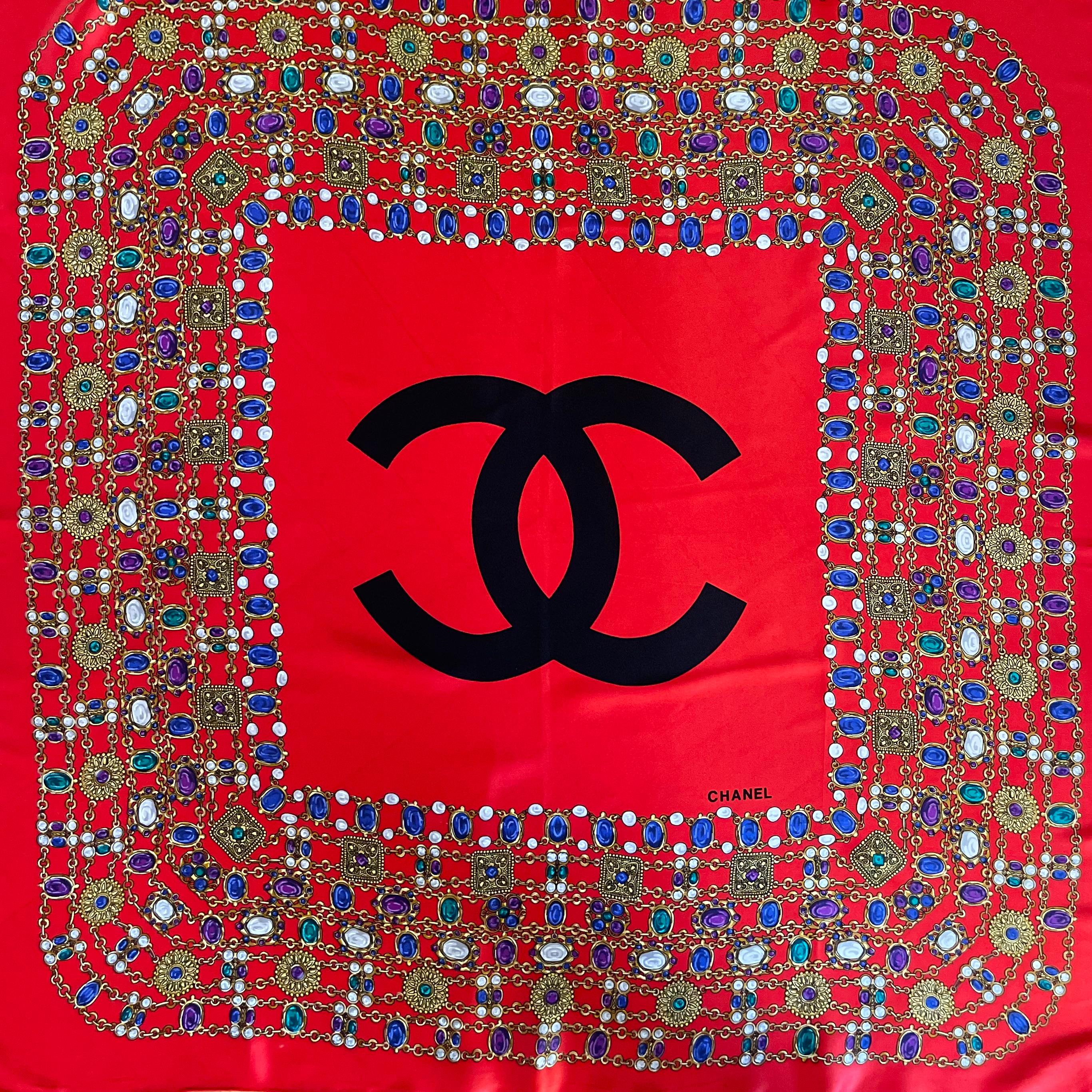 Chanel Silk Scarf Red Gripoix In Good Condition For Sale In Palm Beach, FL