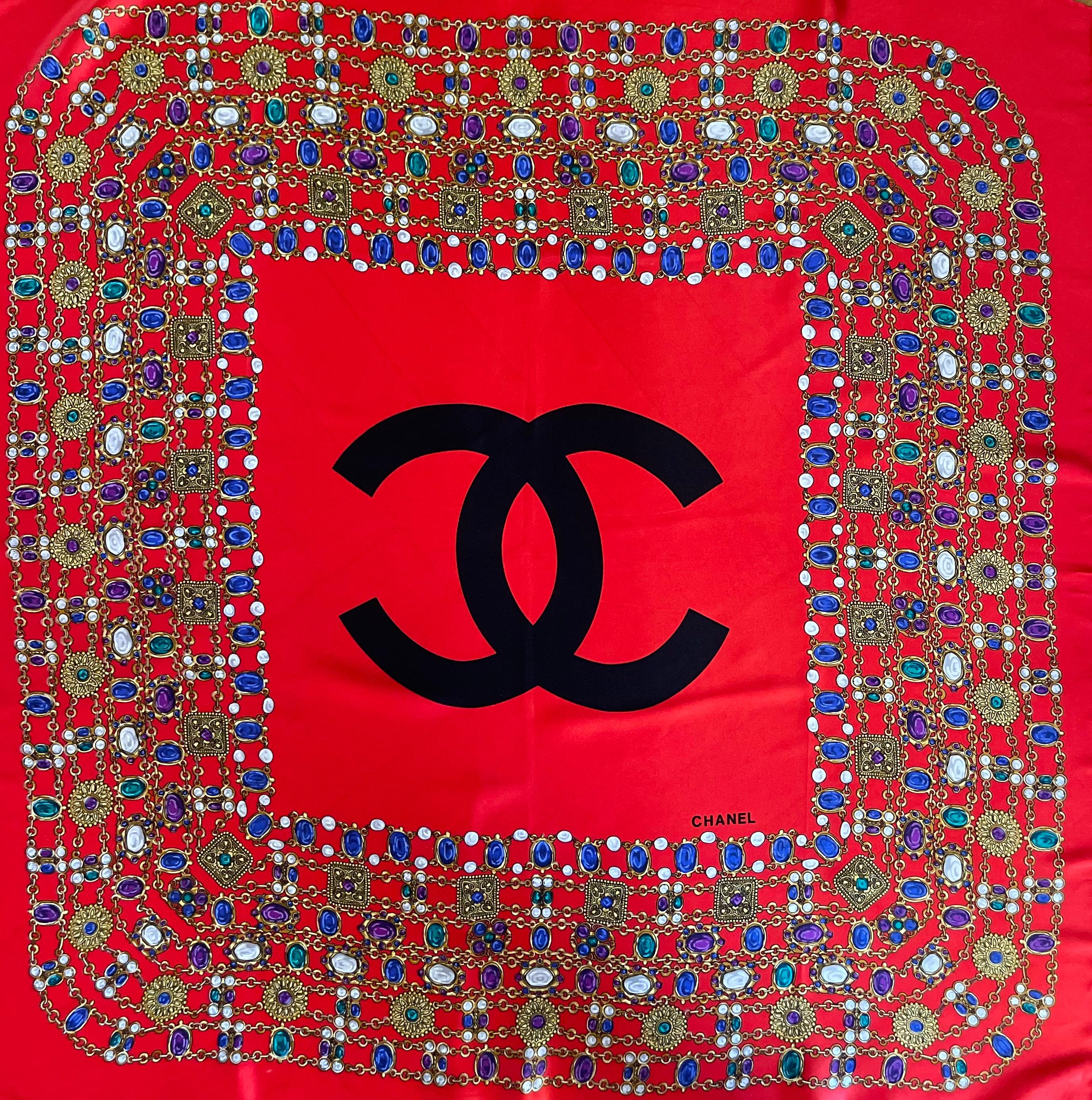 Women's or Men's Chanel Silk Scarf Red Gripoix For Sale