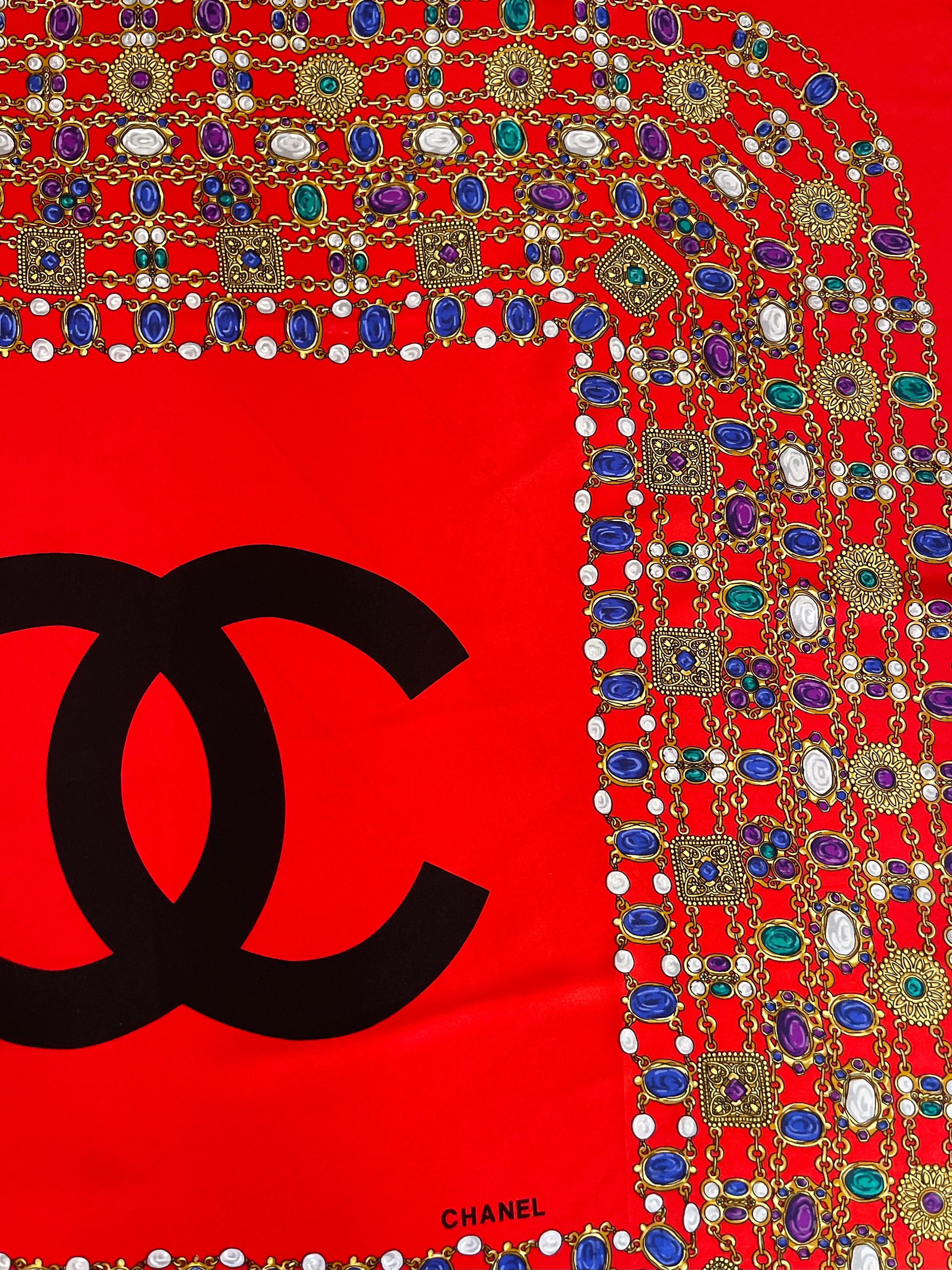 Chanel Silk Scarf Red Gripoix For Sale 3