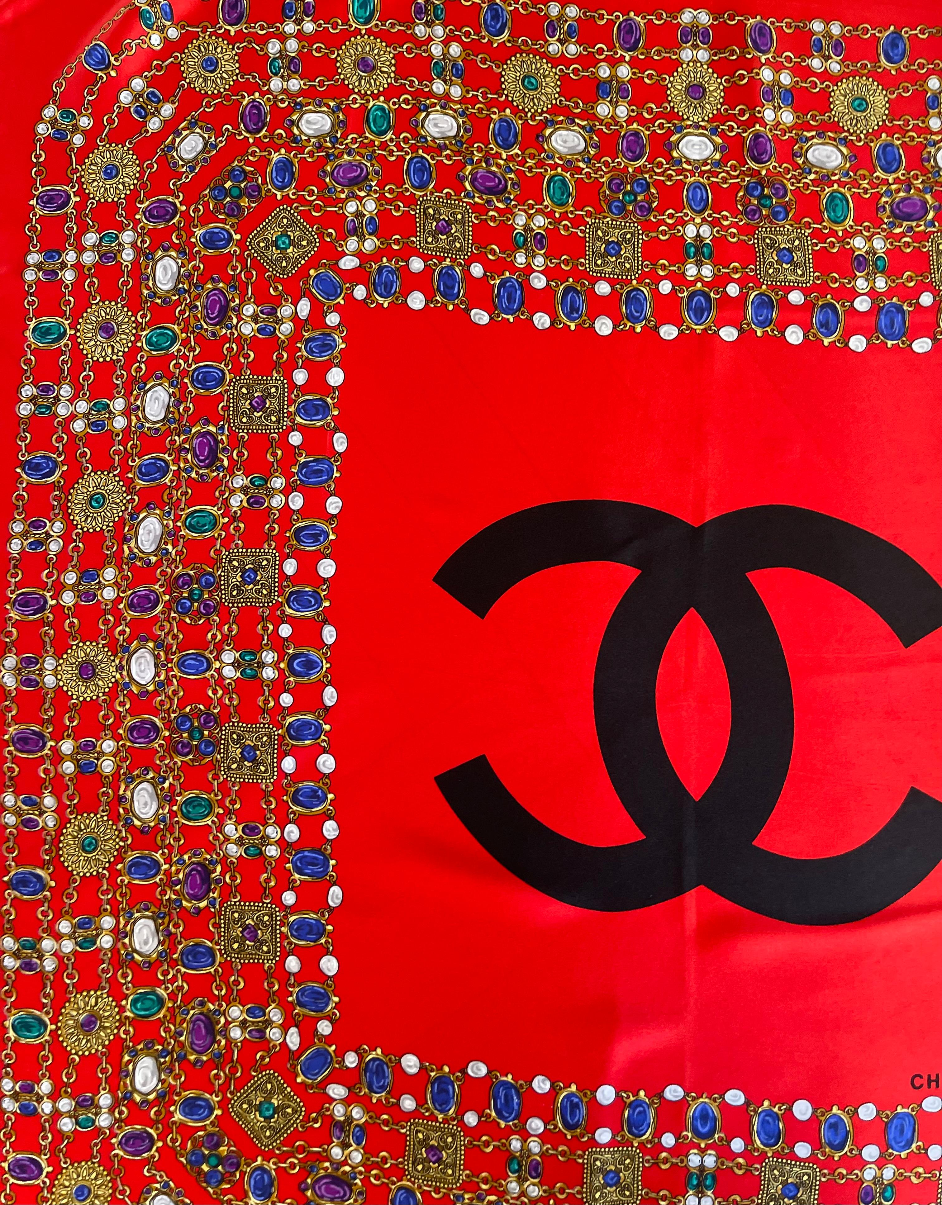 Chanel Silk Scarf Red Gripoix For Sale 4