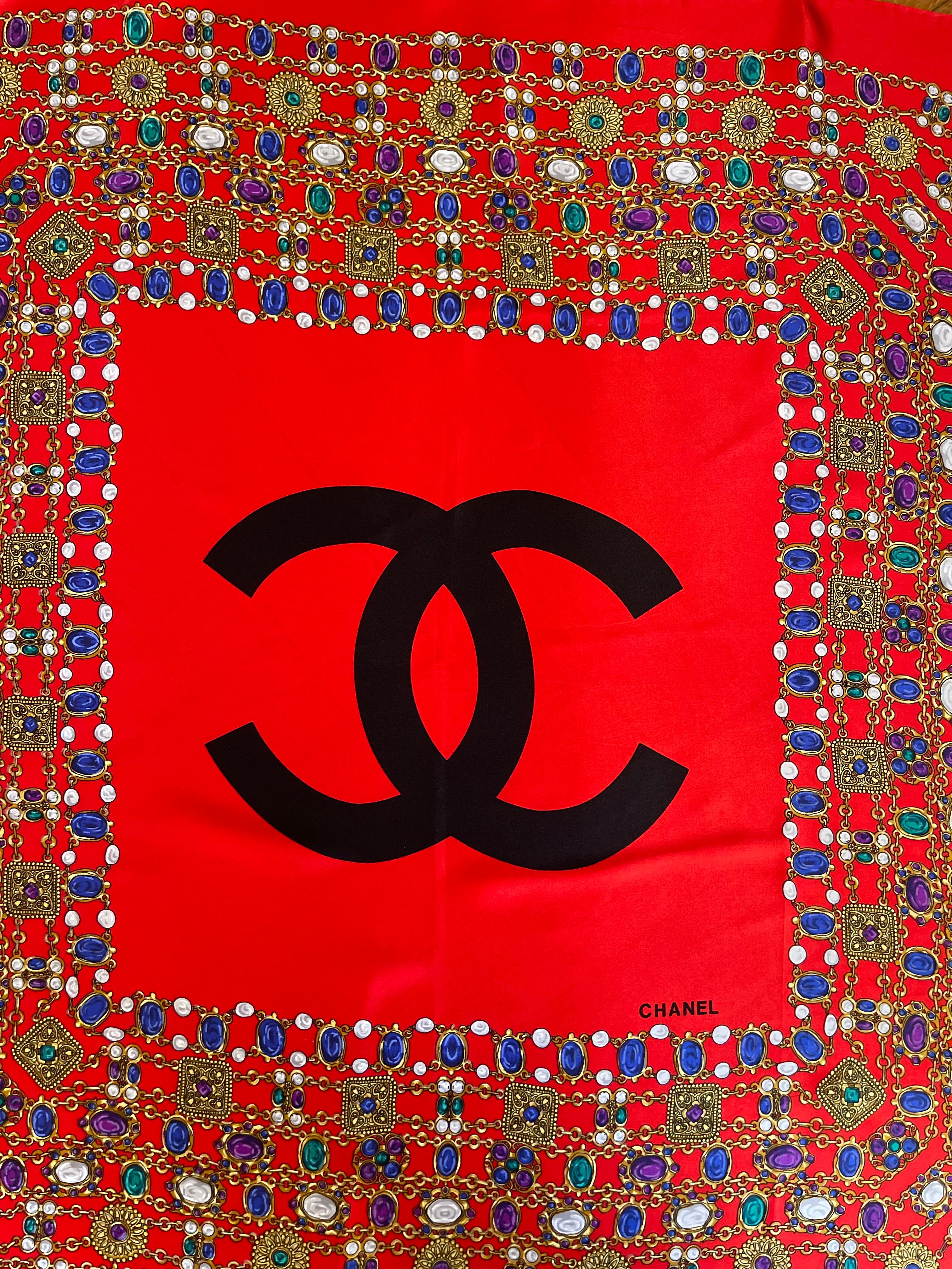 Chanel Silk Scarf Red Gripoix For Sale 5
