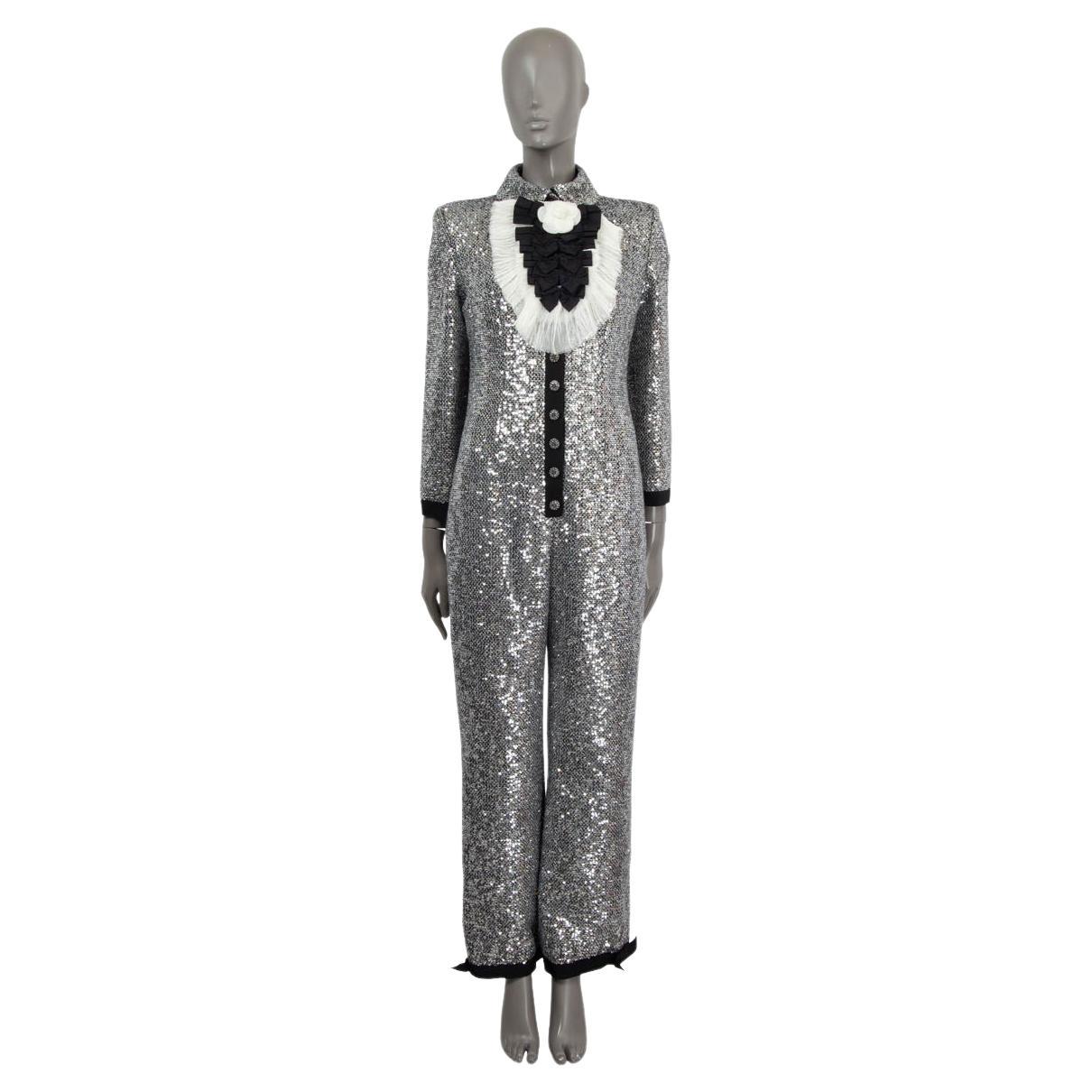 CHANEL silver 2020 20A RUE CAMBONE SEQUIN Jumpsuit + RUFFLED BIB 38 S For Sale