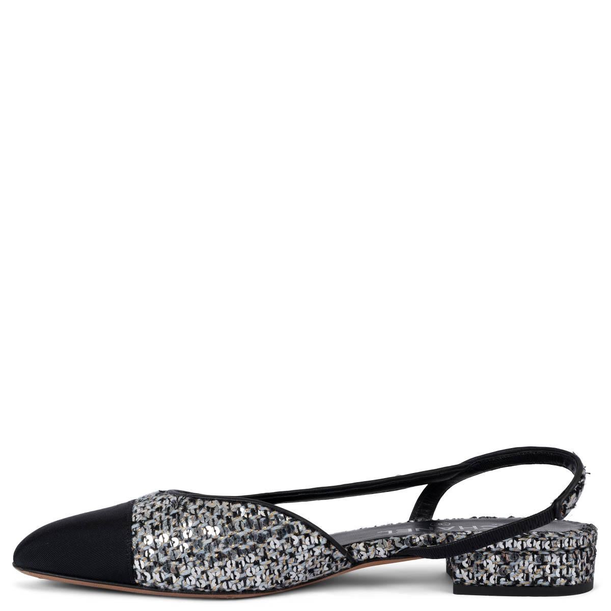 Women's CHANEL silver 2020 20B SEQUIN TWEED Slingback Flats Shoes 38 For Sale