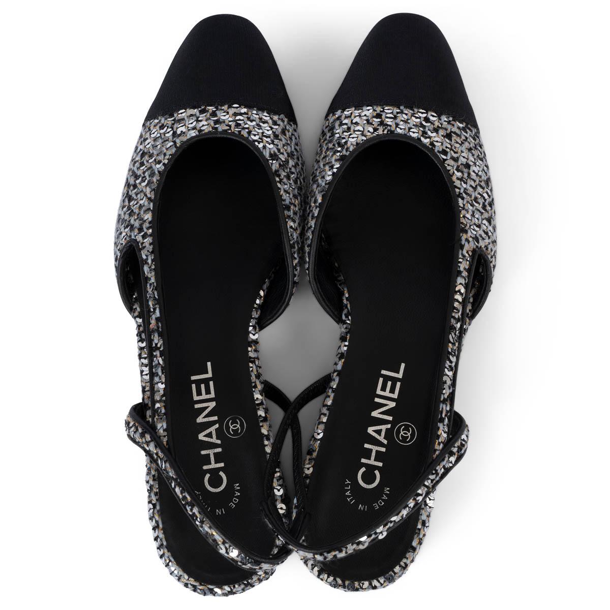 CHANEL silver 2020 20B SEQUIN TWEED Slingback Flats Shoes 38 For Sale 2