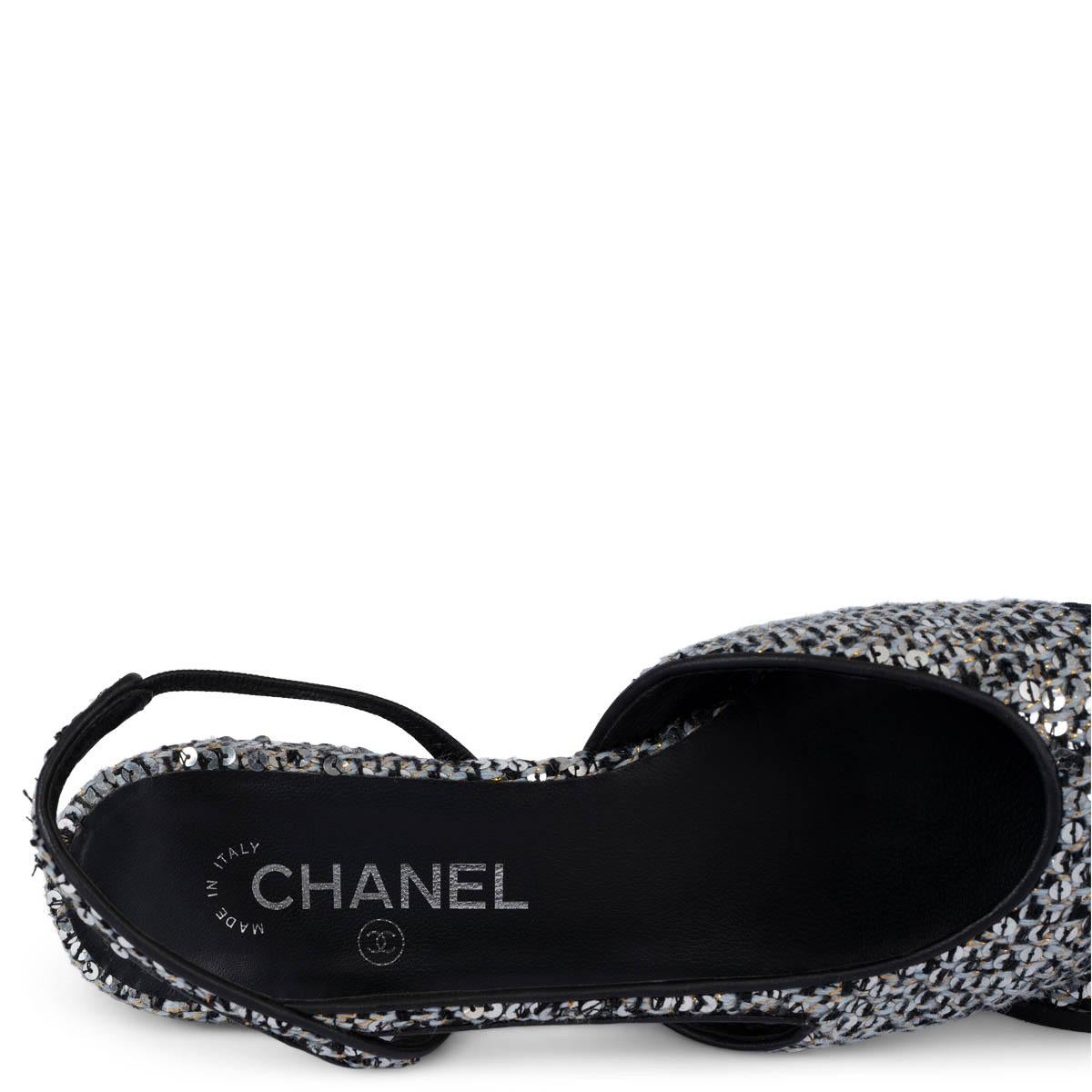 CHANEL silver 2020 20B SEQUIN TWEED Slingback Flats Shoes 38 For Sale 3