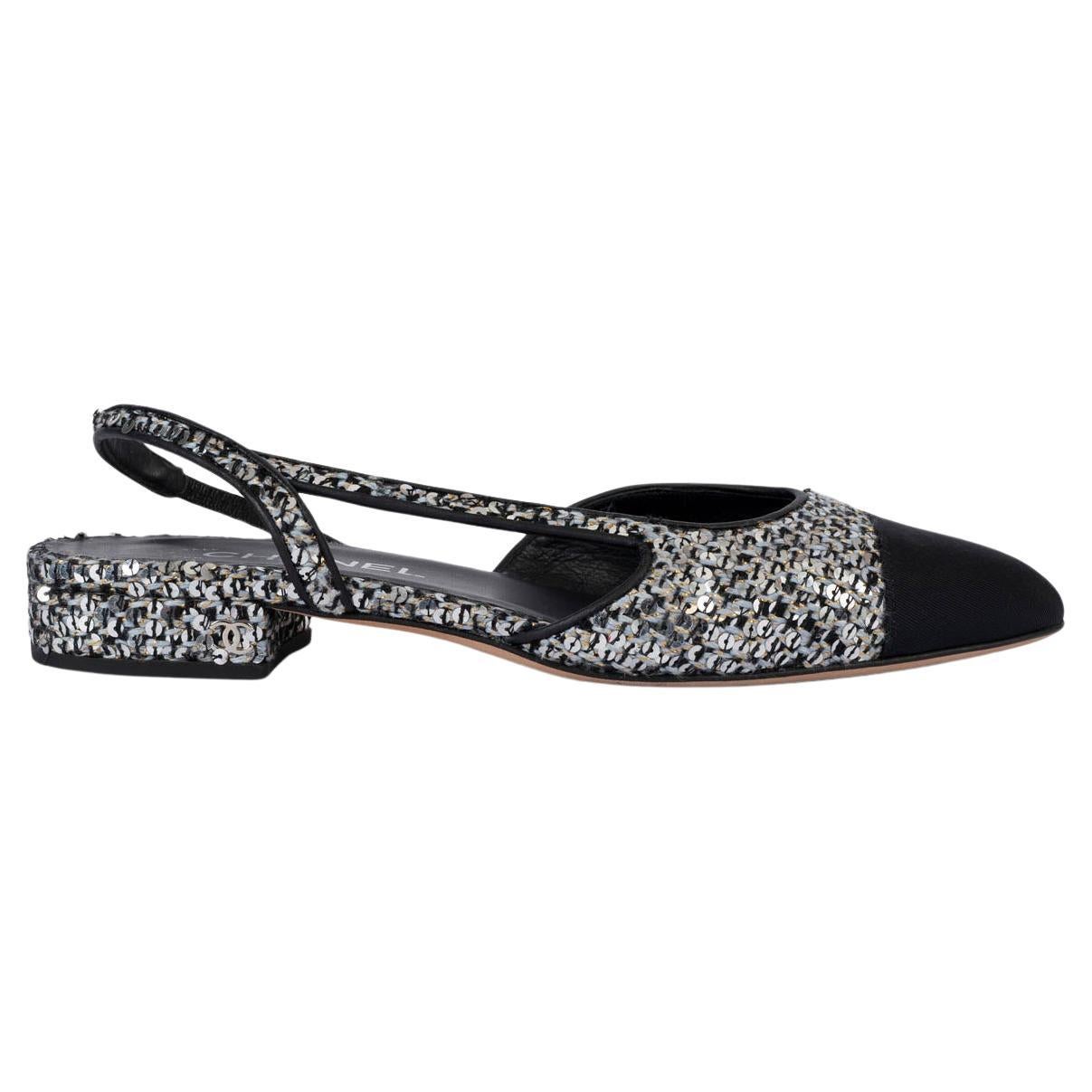 CHANEL silver 2020 20B SEQUIN TWEED Slingback Flats Shoes 38 For Sale