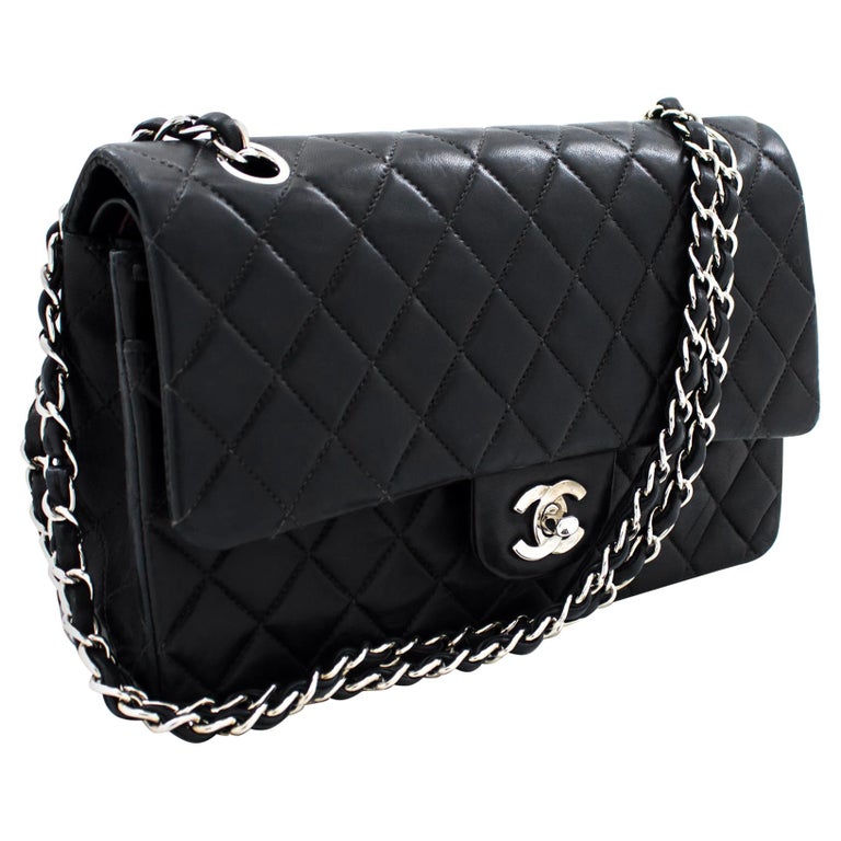 CHANEL Silver 2.55 Double Chain Flap Shoulder Bag Black Quilted Leather