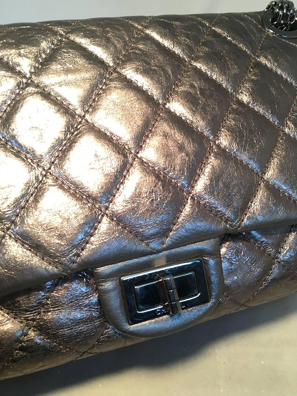 RARE Chanel Silver Aged Calfskin 228 Reissue Double Flap Classic Shoulder Bag In Excellent Condition In Philadelphia, PA