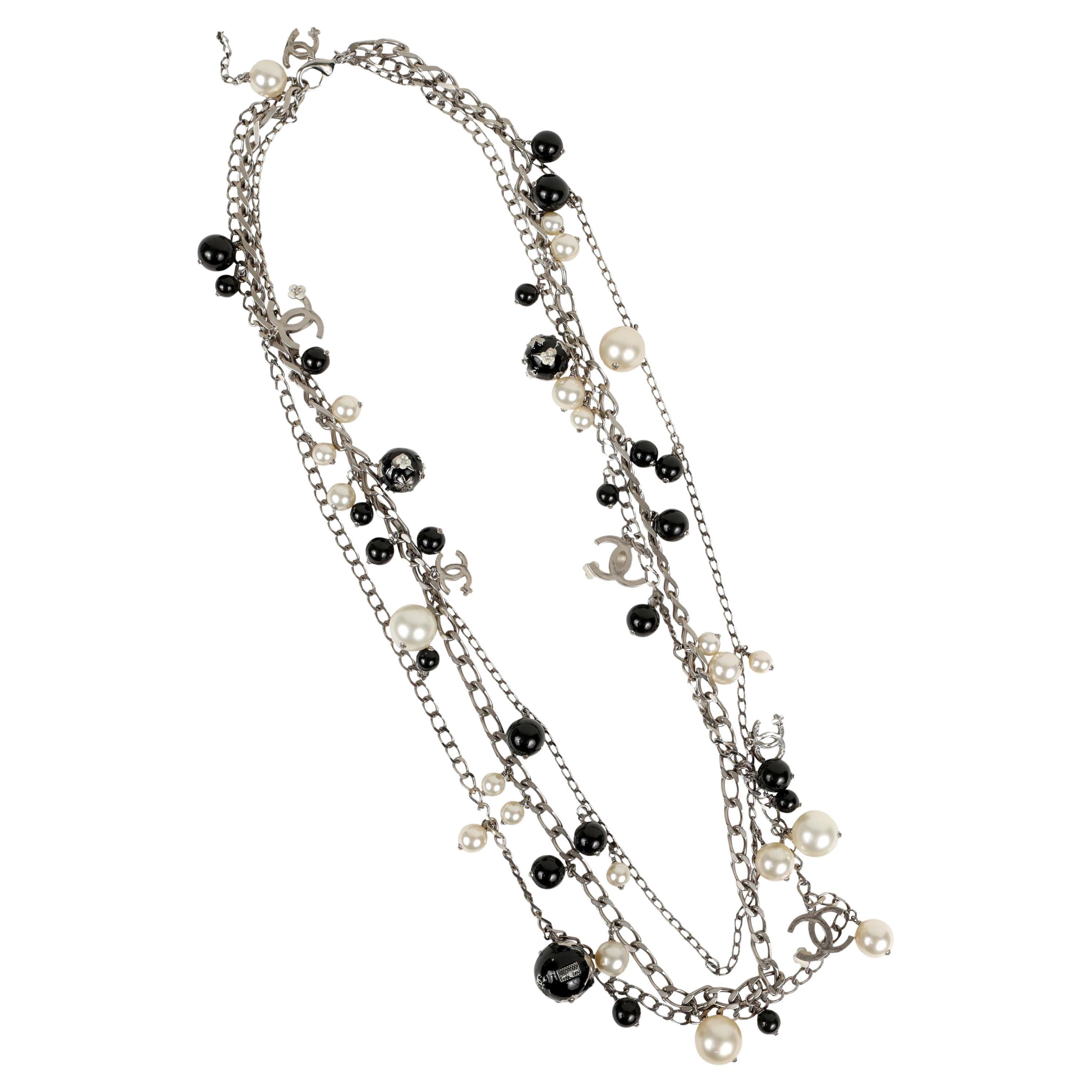 Chanel Silver and Black Beaded Pearl CC Globe Charm Necklace  Belt  For Sale