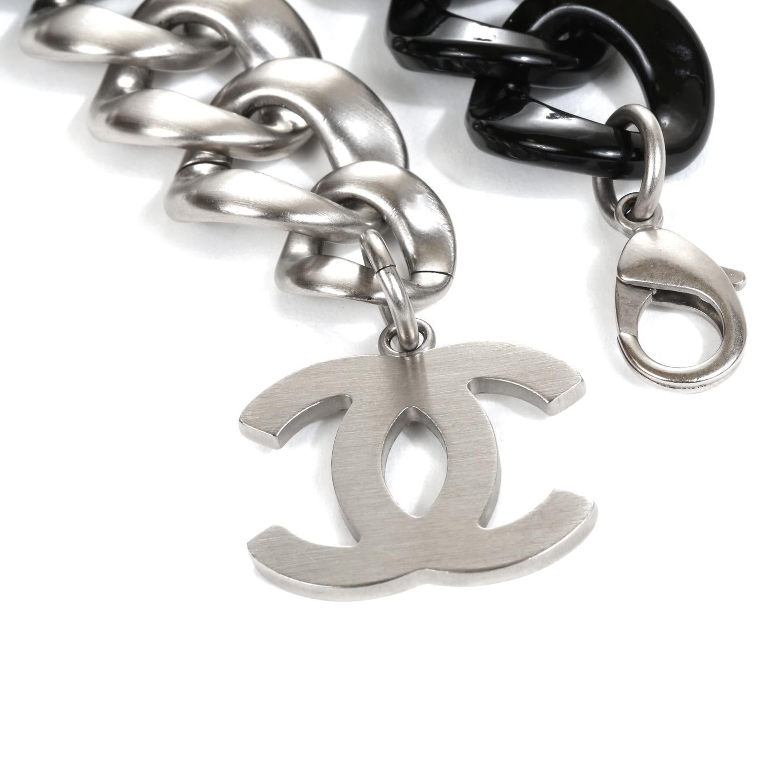 Women's Chanel Silver and Black Resin Curb Chain CC Choker