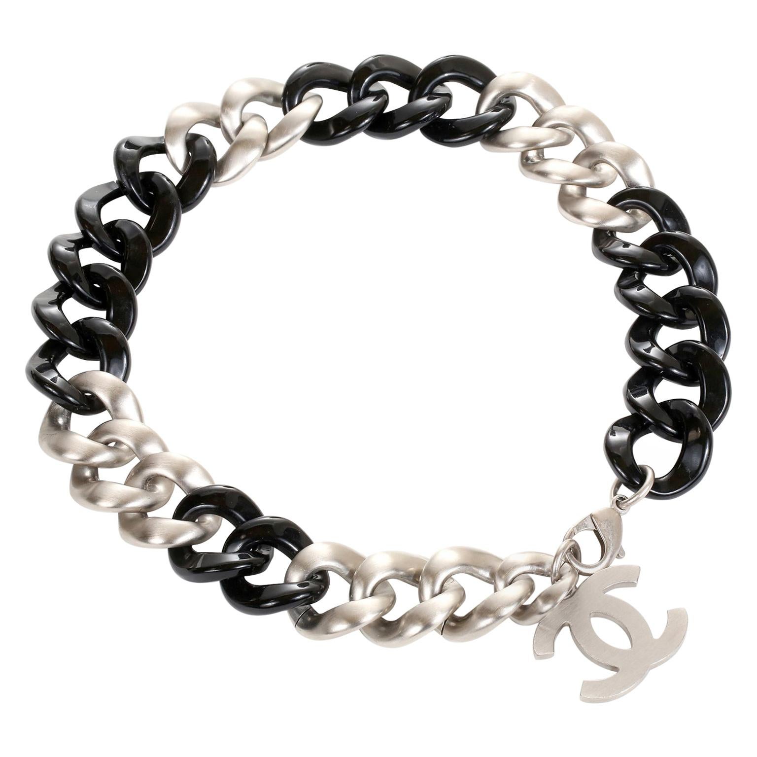 Chanel Silver and Black Resin Curb Chain CC Choker
