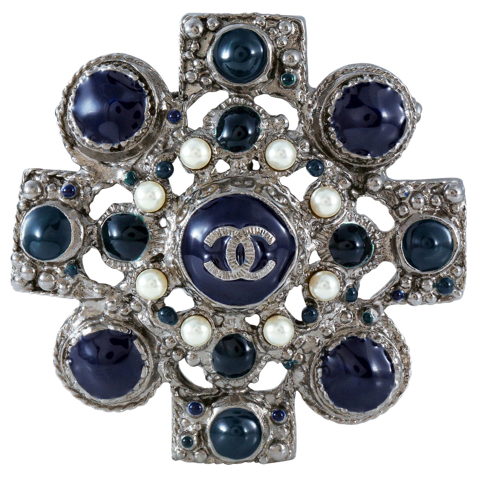 Chanel Silver and Navy Medallion Brooch Pendant