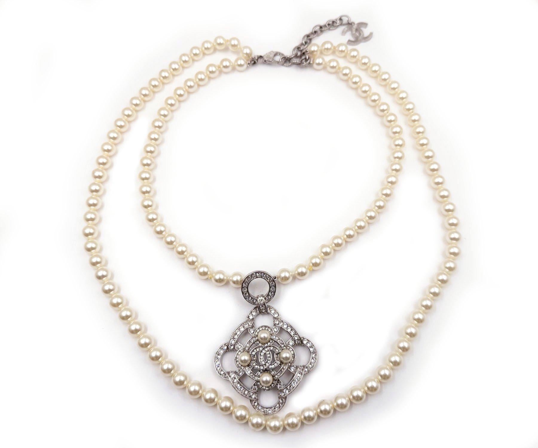 Chanel Silver Argyle Crystal Pendant 2 Strand Pearl Necklace