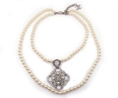 Chanel Silver Argyle Crystal Pendant 2 Strand Pearl Necklace