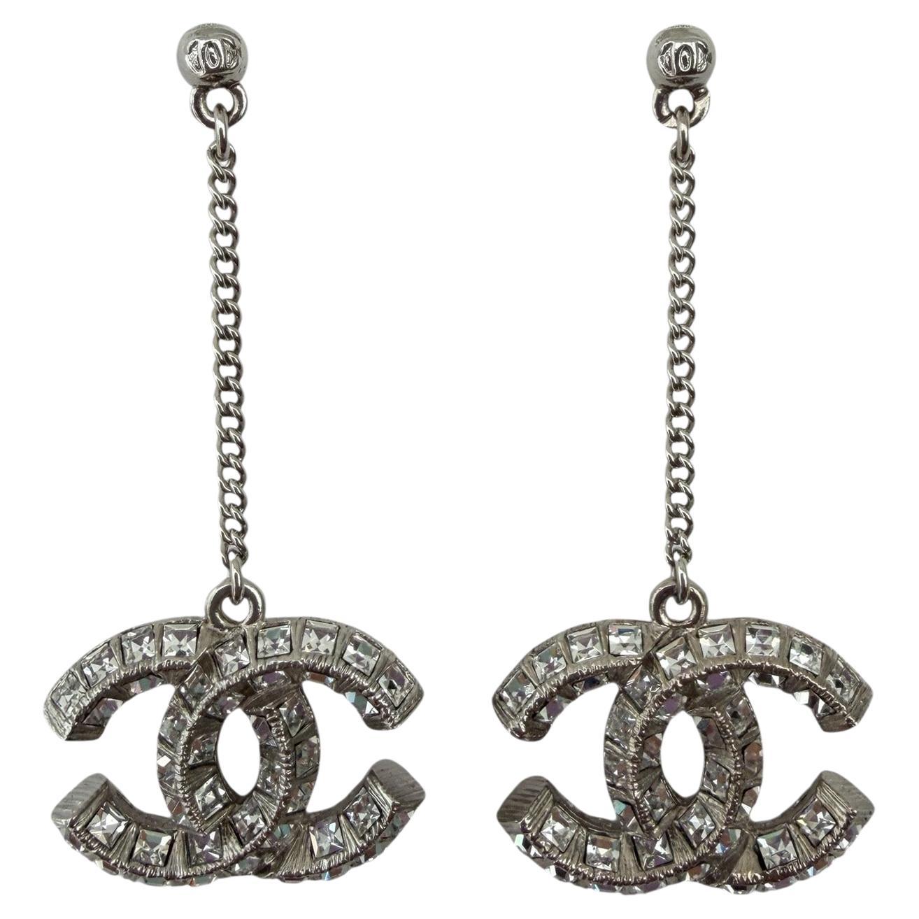Chanel Silver Baguette Crystal CC Drop Pierced Earrings