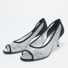 Chanel Silver/Black Canvas and Mesh CC Peep Toe Pumps Size 39