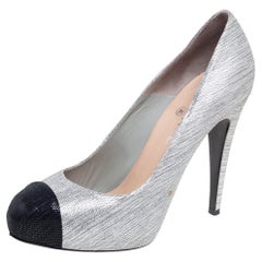 Chanel Silver/Black Foil and Suede Cap Toe CC Heel Pumps Size 40