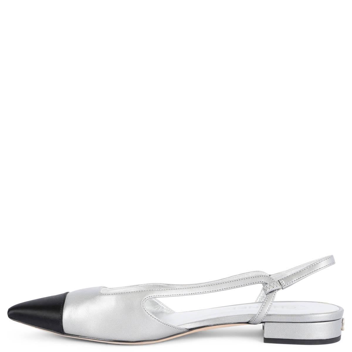Women's CHANEL silver & black leather 2020 20C Slingbacks Flats Shoes 39