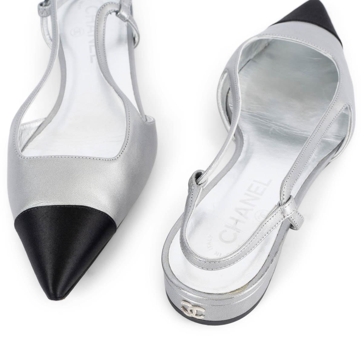 CHANEL silver & black leather 2020 20C Slingbacks Flats Shoes 39 3
