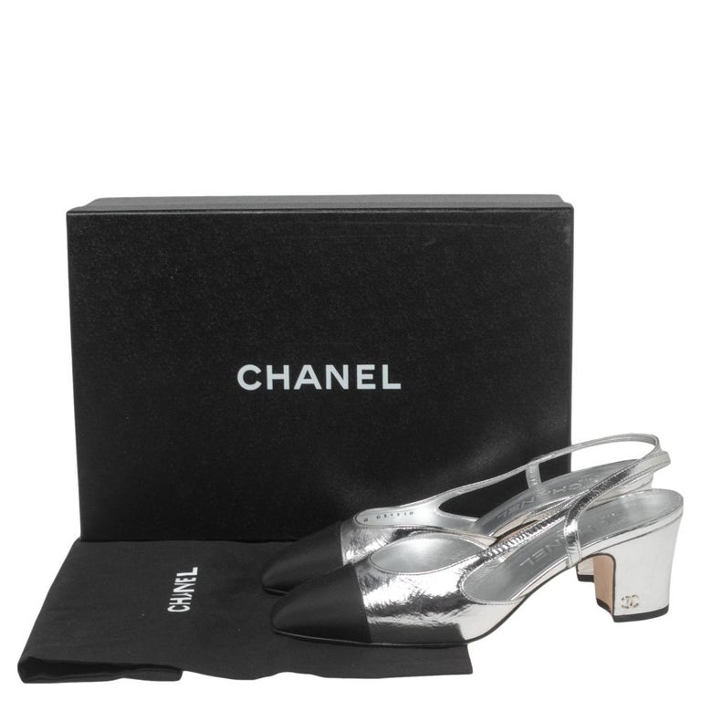 Chanel Silver/Black Leather and Fabric Cap-Toe Slingback Sandals Size 36.5  at 1stDibs