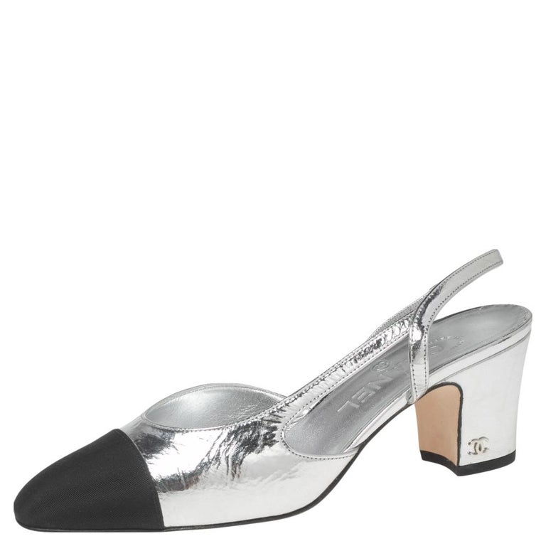Chanel Silver/Black Leather and Fabric Cap-Toe Slingback Sandals