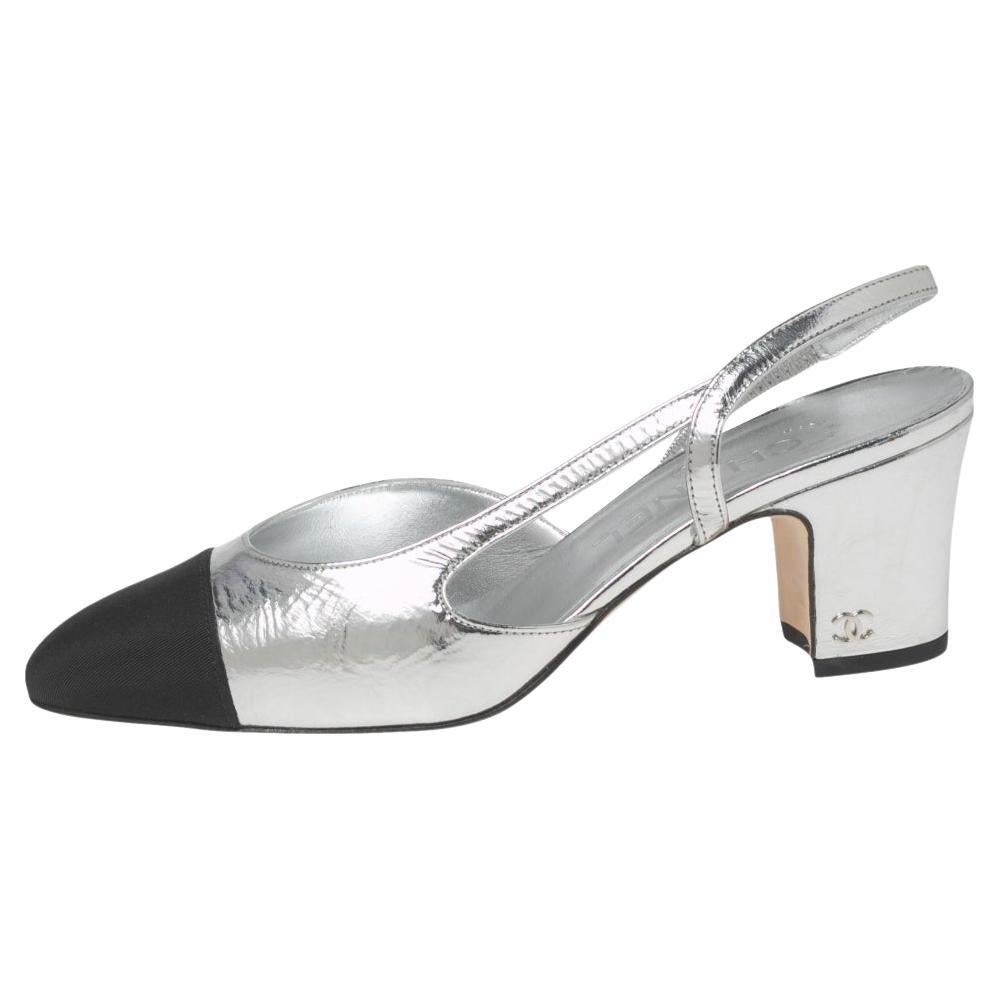 Chanel Silver/Black Leather and Fabric Cap-Toe Slingback Sandals 