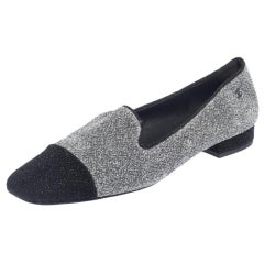 Chanel Silver/Black Lurex Fabric Square Cap Toe Smoking Slippers Size 38