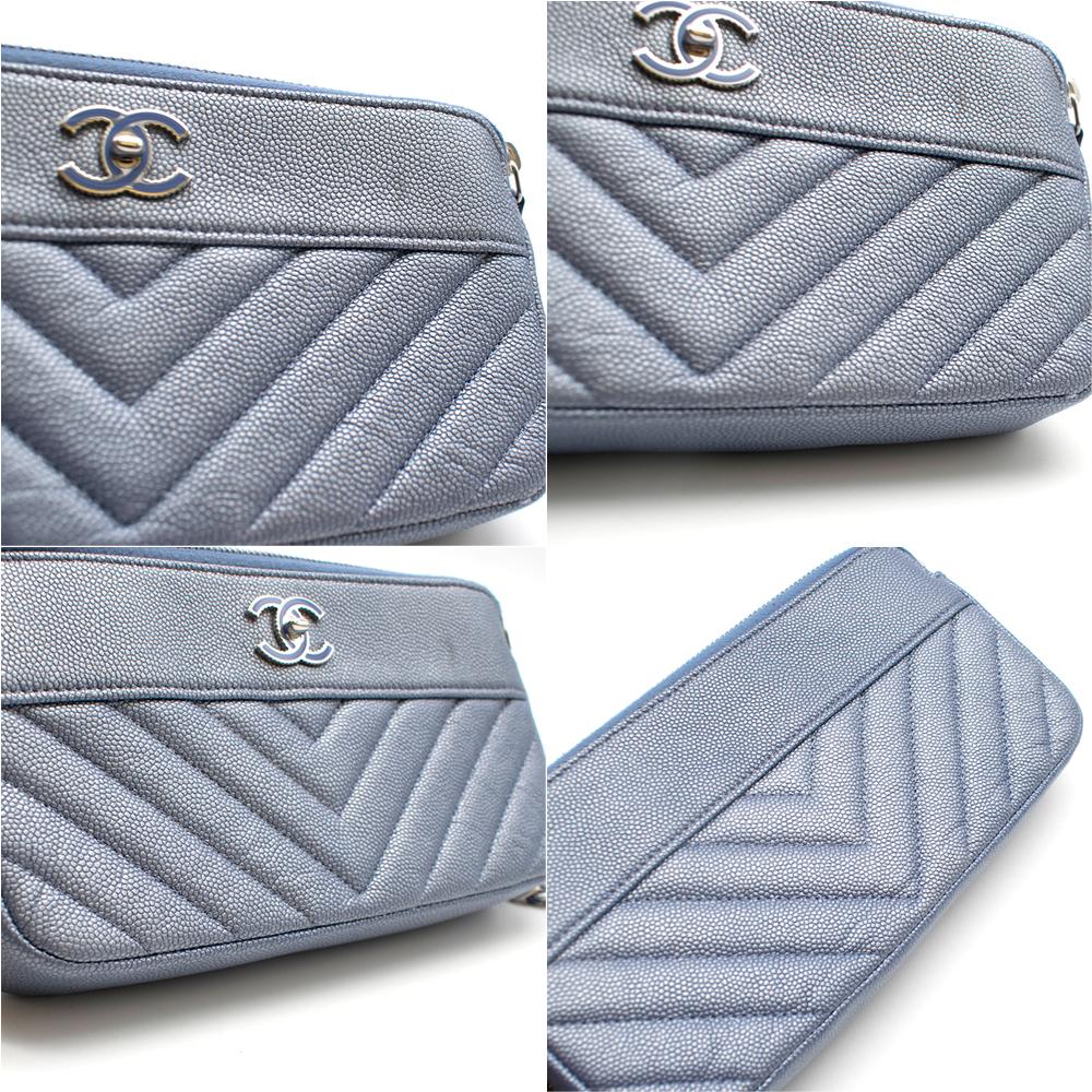Chanel Silver & Blue Caviar Leather Chevron Double Zip Wallet On Chain 17cm 3