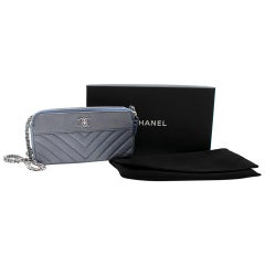 Chanel Silver & Blue Caviar Leather Chevron Double Zip Wallet On Chain 17cm