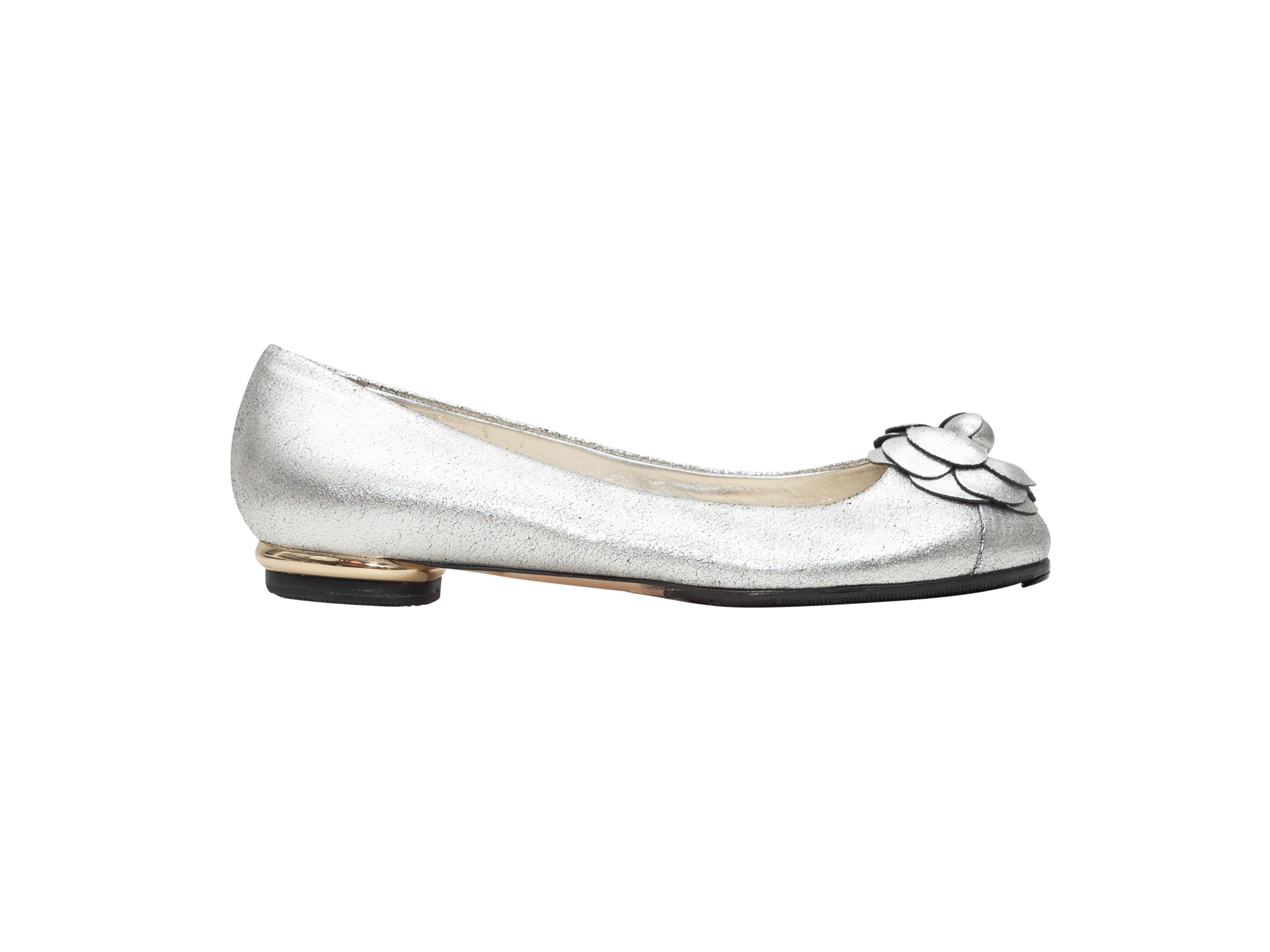 Chanel Chanel Silber Kamelie Crackle Leder Ballett Flats 1
