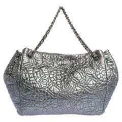 Chanel Silver Camellia Embossed Patent Leather Shoulder Bag