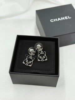 CHANEL Silver Cat Crystal CC Dangle Statement Earrings