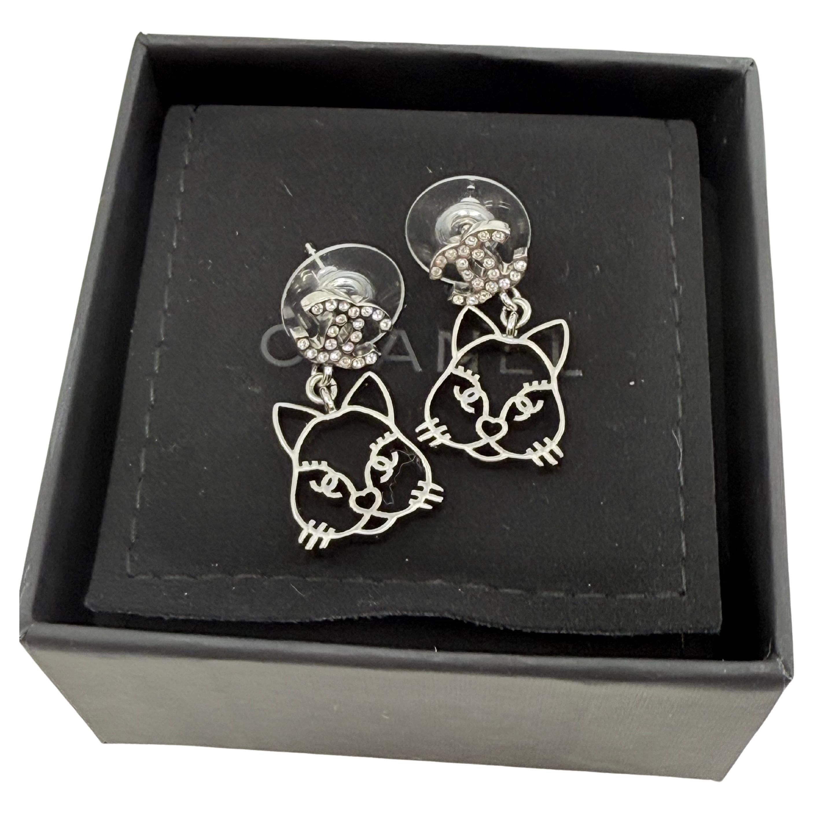 CHANEL Silver Cat Crystal CC Dangle Statement Earrings For Sale