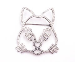Chanel Silver Cat Round Square Princess Crystal Small Brooch
