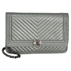 Chanel Silver Caviar Chevron Quilted Boy Wallet on a Chain