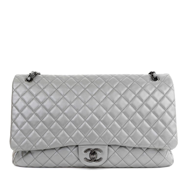 Chanel Silver Caviar Classic Travel XXL Flap Bag with Ruthenium For Sale at  1stDibs