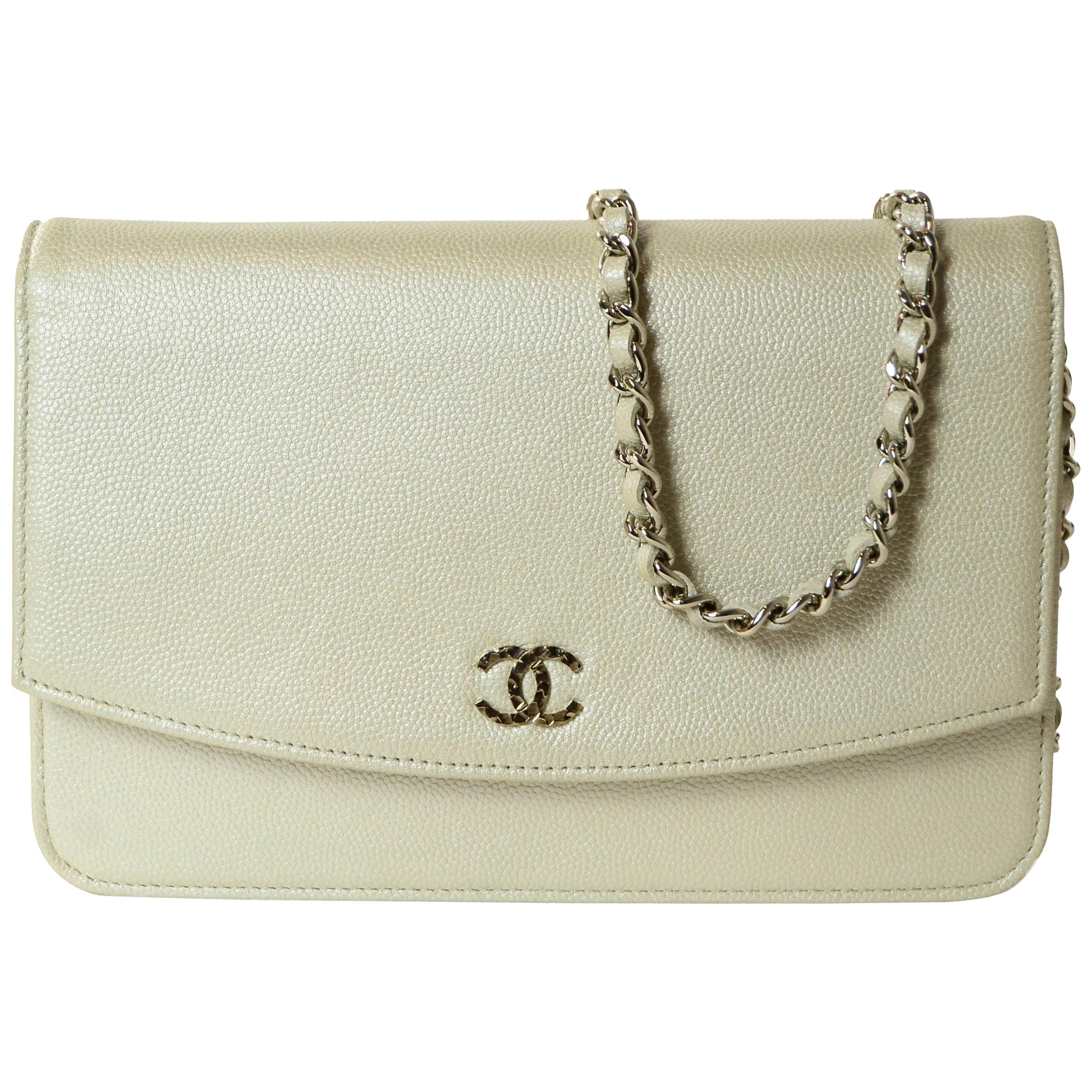 Chanel Silver Caviar Leather Wallet On A Chain WOC Crossbody Bag