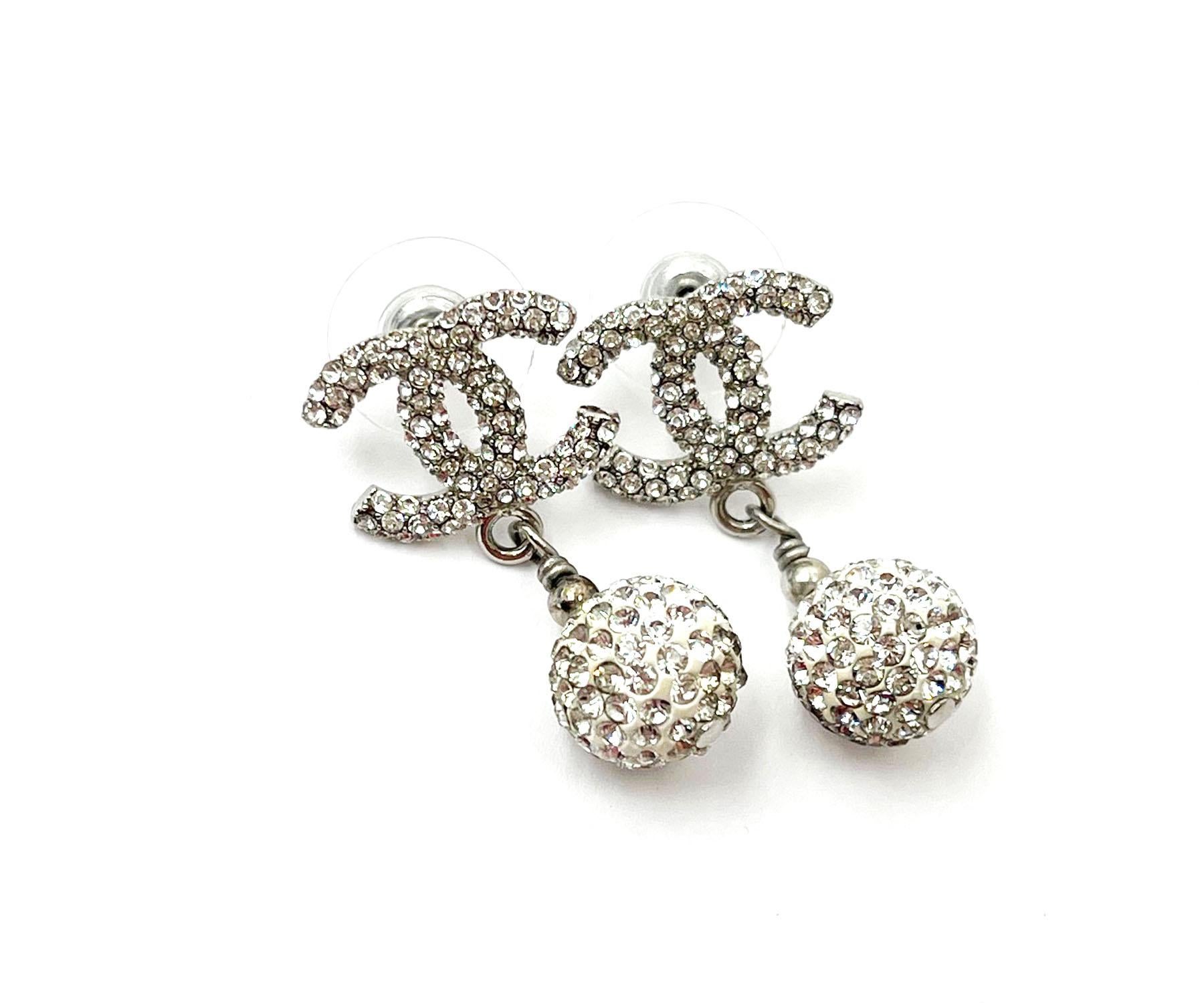 Chanel Silver CC All Over Crystal Ball Dangle Piercing Earrings In Excellent Condition In Pasadena, CA