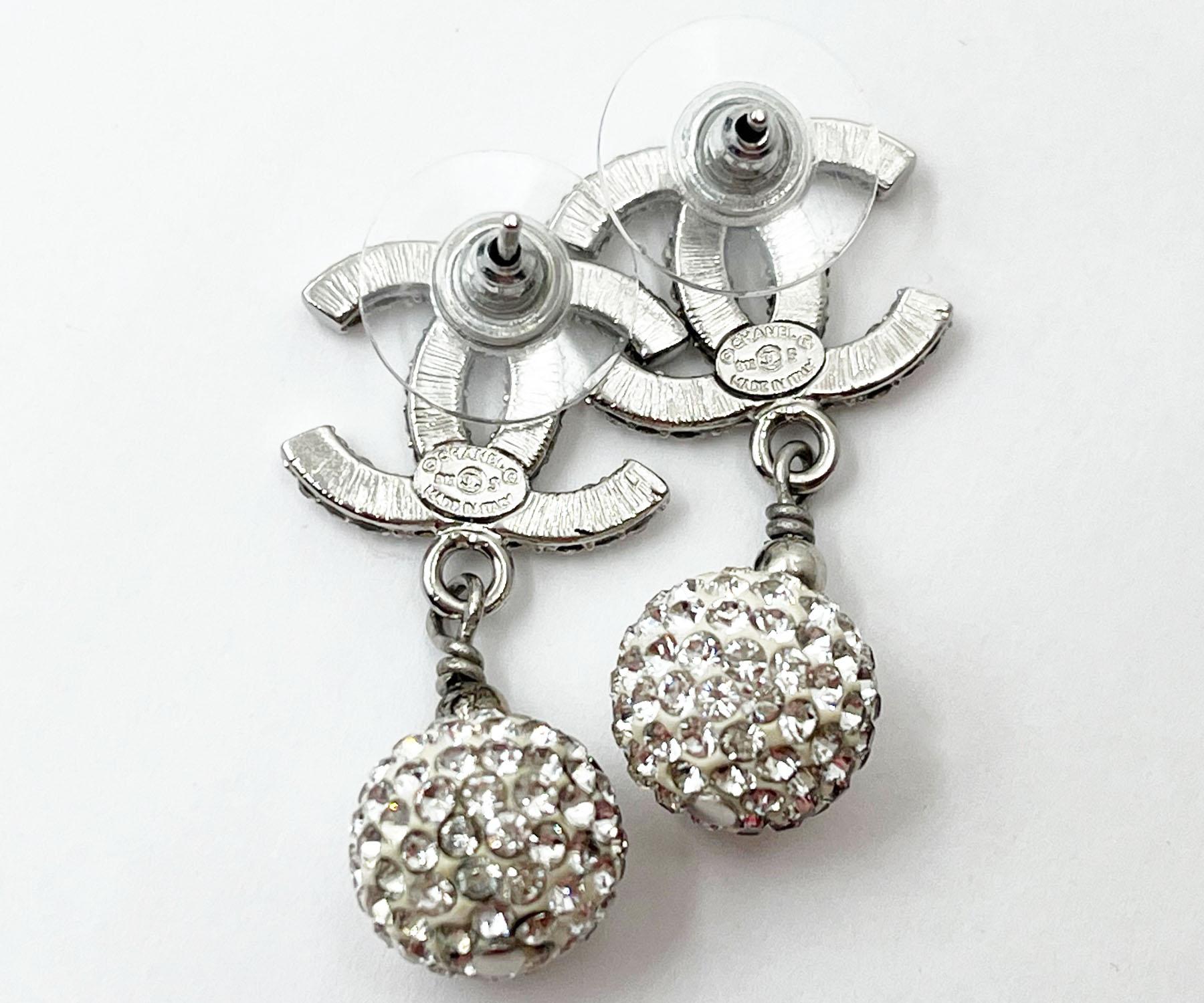 Women's Chanel Silver CC All Over Crystal Ball Dangle Piercing Earrings