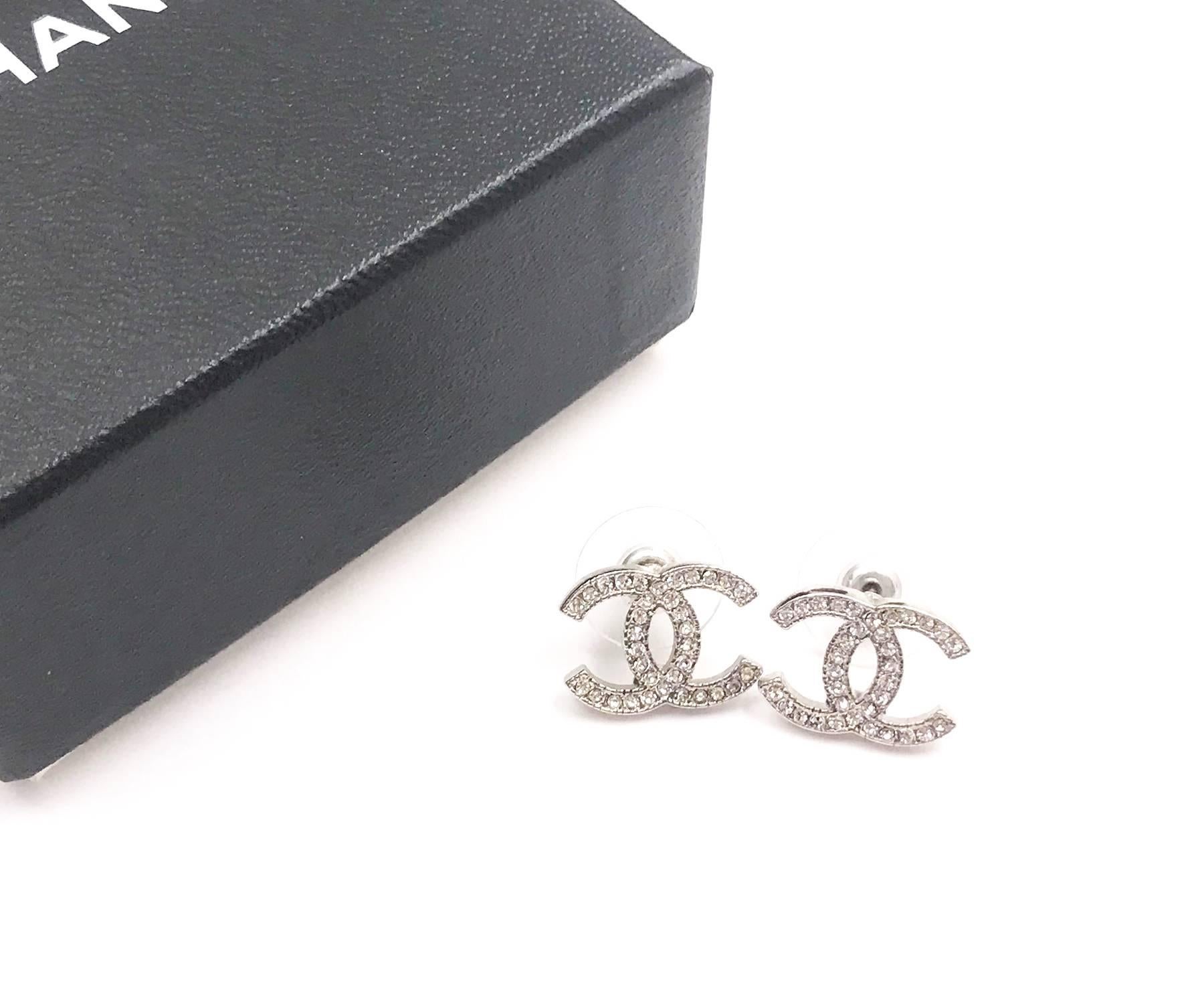 Chanel Silver CC All Over Crystal Ball Dangle Piercing Earrings 1