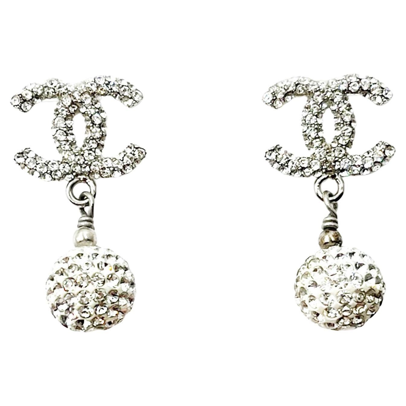 Chanel Silver CC All Over Crystal Ball Dangle Piercing Earrings