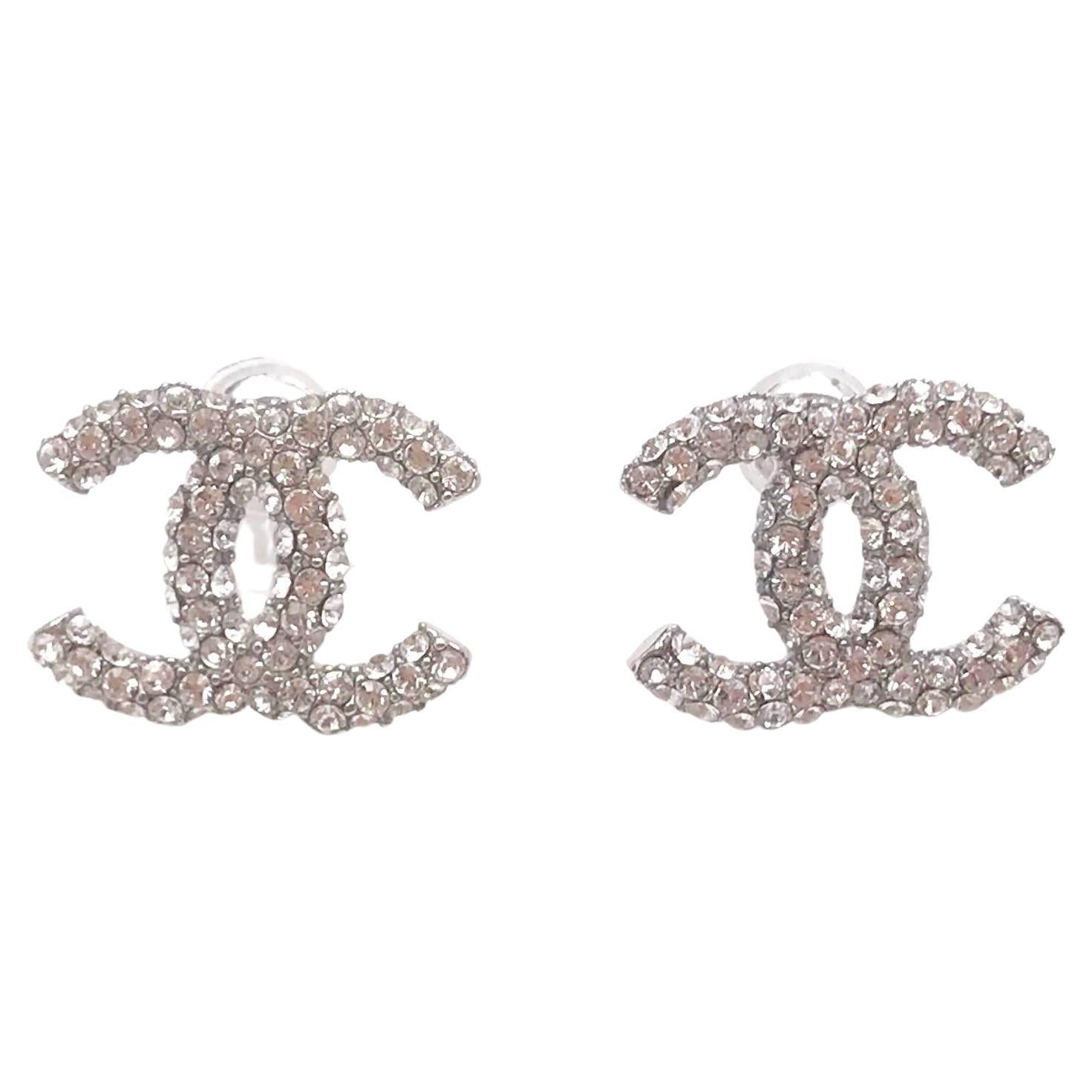 Chanel Silver CC All Over Crystal Piercing Earrings For Sale at 1stDibs