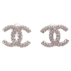 Chanel Silver CC All over Crystal Piercing Earrings