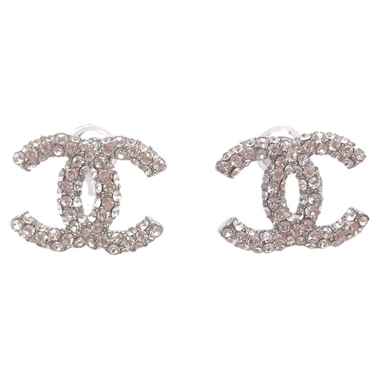 Chanel Silver CC All over Crystal Piercing Earrings at 1stDibs