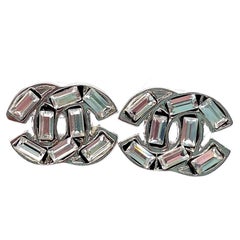 Chanel Silver CC  Baguette Piercing Earrings 
