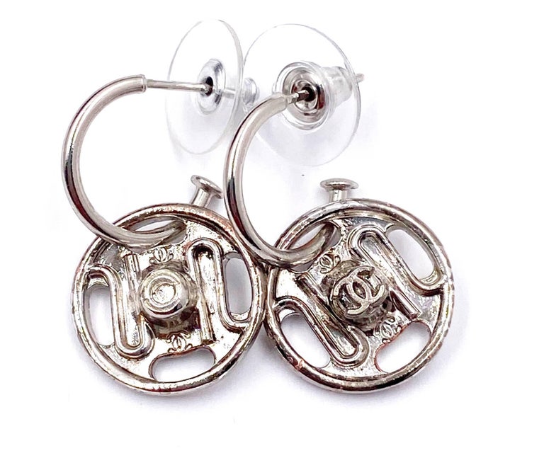 Chanel Silver CC Big Snap Hoop Piercing Earrings For Sale at