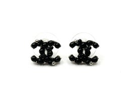 Chanel Silver CC Black Bead Stud Piercing Earrings