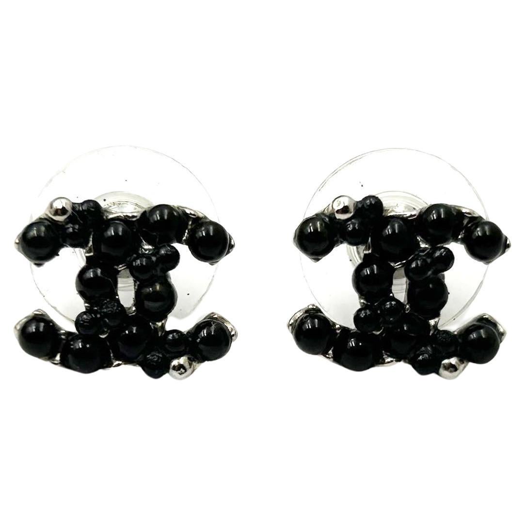 Chanel Silver CC Black Bead Piercing Earrings  For Sale