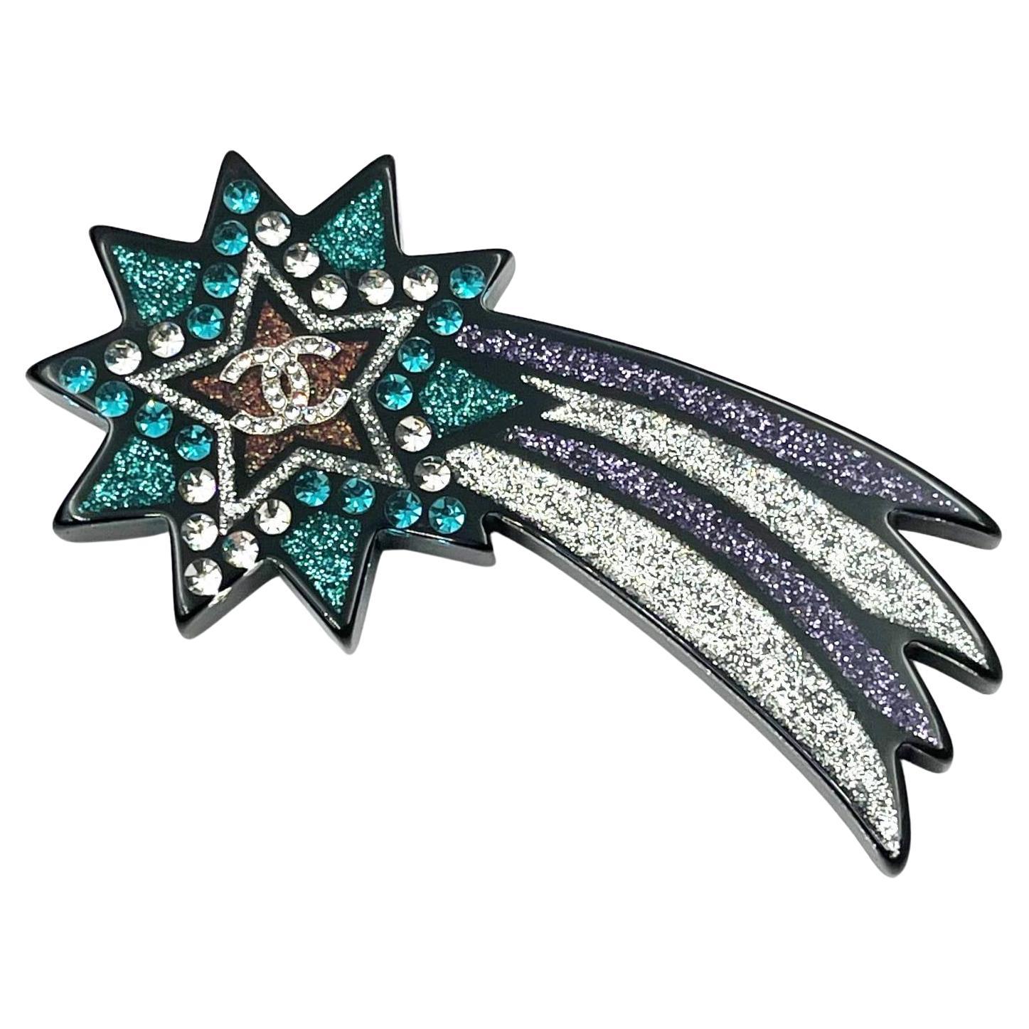 Chanel Silver CC Black Blue Glitter Shooting Star Large Brooch at